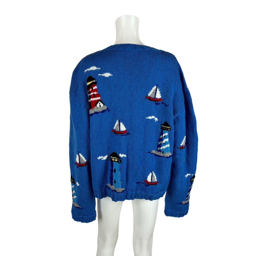 Vintage Lighthouse Cardigan Women's 2X Blue Novelty Nautical Sailboats Handmade - Picture 8 of 12
